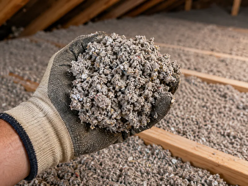 Handful of cellulose loose-fill insulation