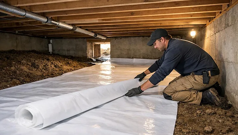 Crawl space vapor barrier installation