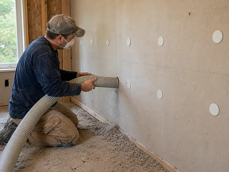 Dense-pack cellulose blown into a closed wall through drilled holes