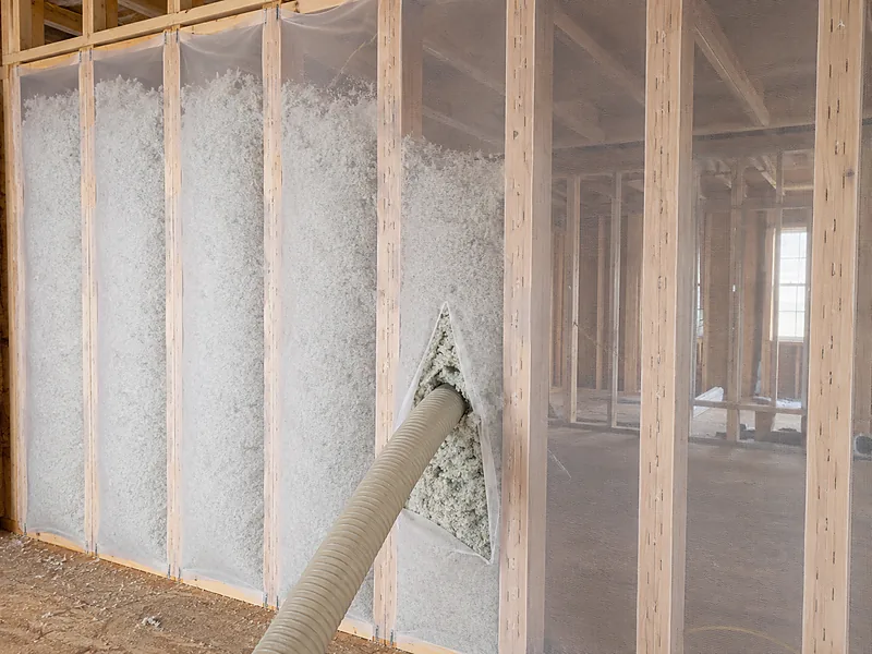 Blower hose filling netted wall bays with insulation