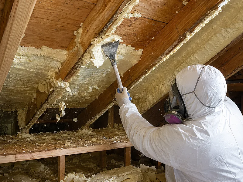 Scraping cured spray foam off attic rafters during removal