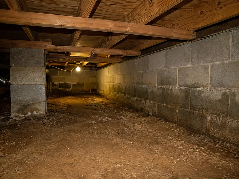 Uninsulated crawl space with dirt floor and block walls